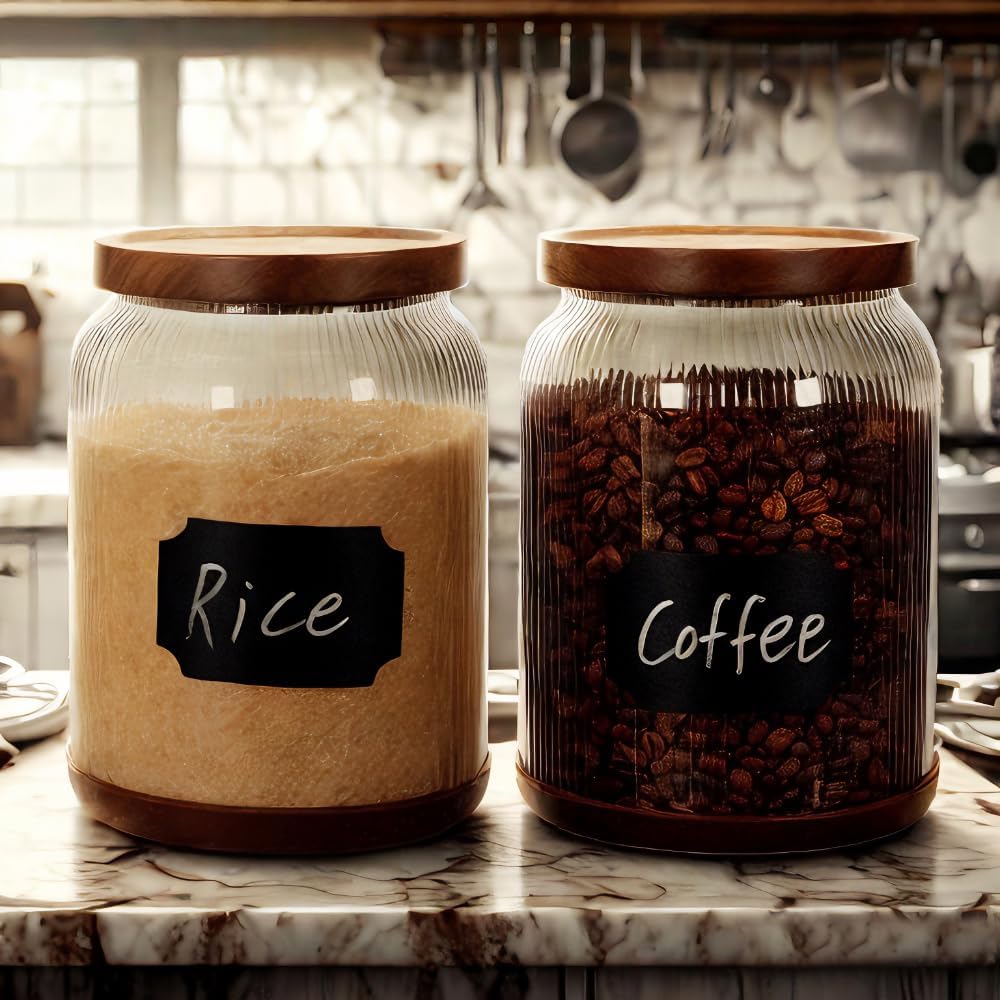 SAIOOL 2-Pack Striped Borosilicate Glass Airtight Canisters - Big mouth Large Capacity, Acacia Wood