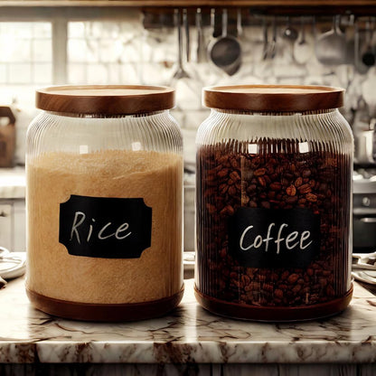 SAIOOL 2-Pack Striped Borosilicate Glass Airtight Canisters - Big mouth Large Capacity, Acacia Wood