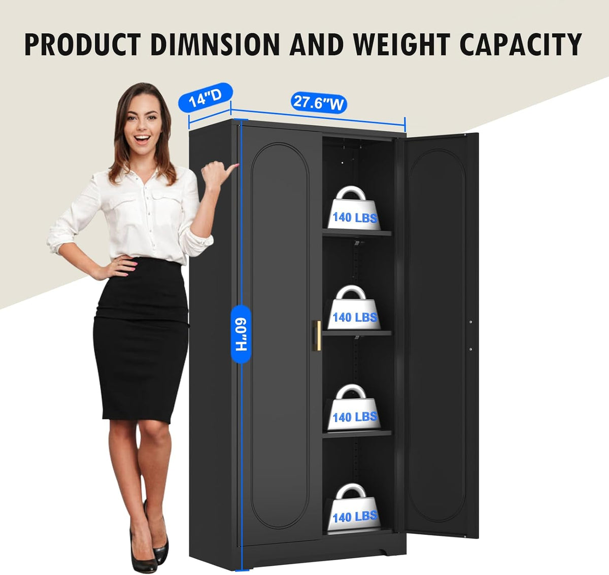 60" Tall Kitchen Pantry Cabinet, Metal Pantry Cabinet with Doors and Adjustable Shelves, Black