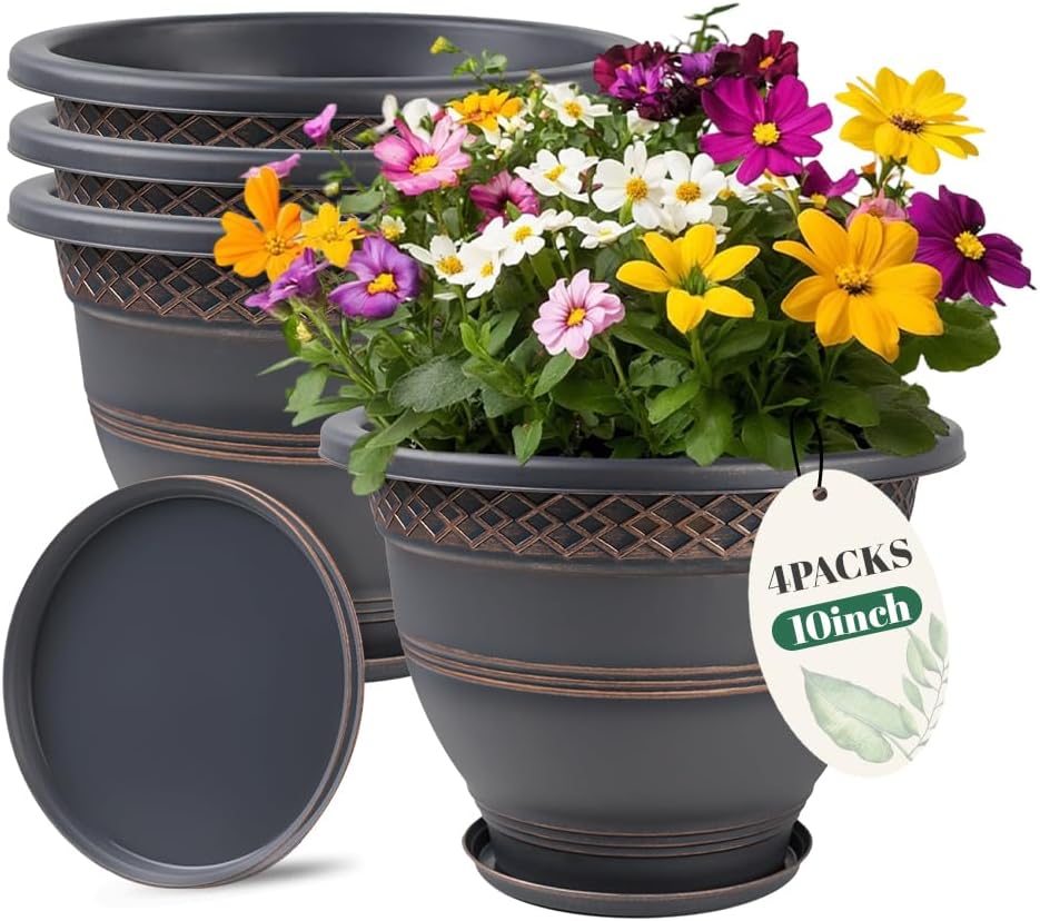 10 Inch 4 Pack Large Plant Pots, Plastic Flower Pot for Indoor & Outdoor with Drainage Holes &