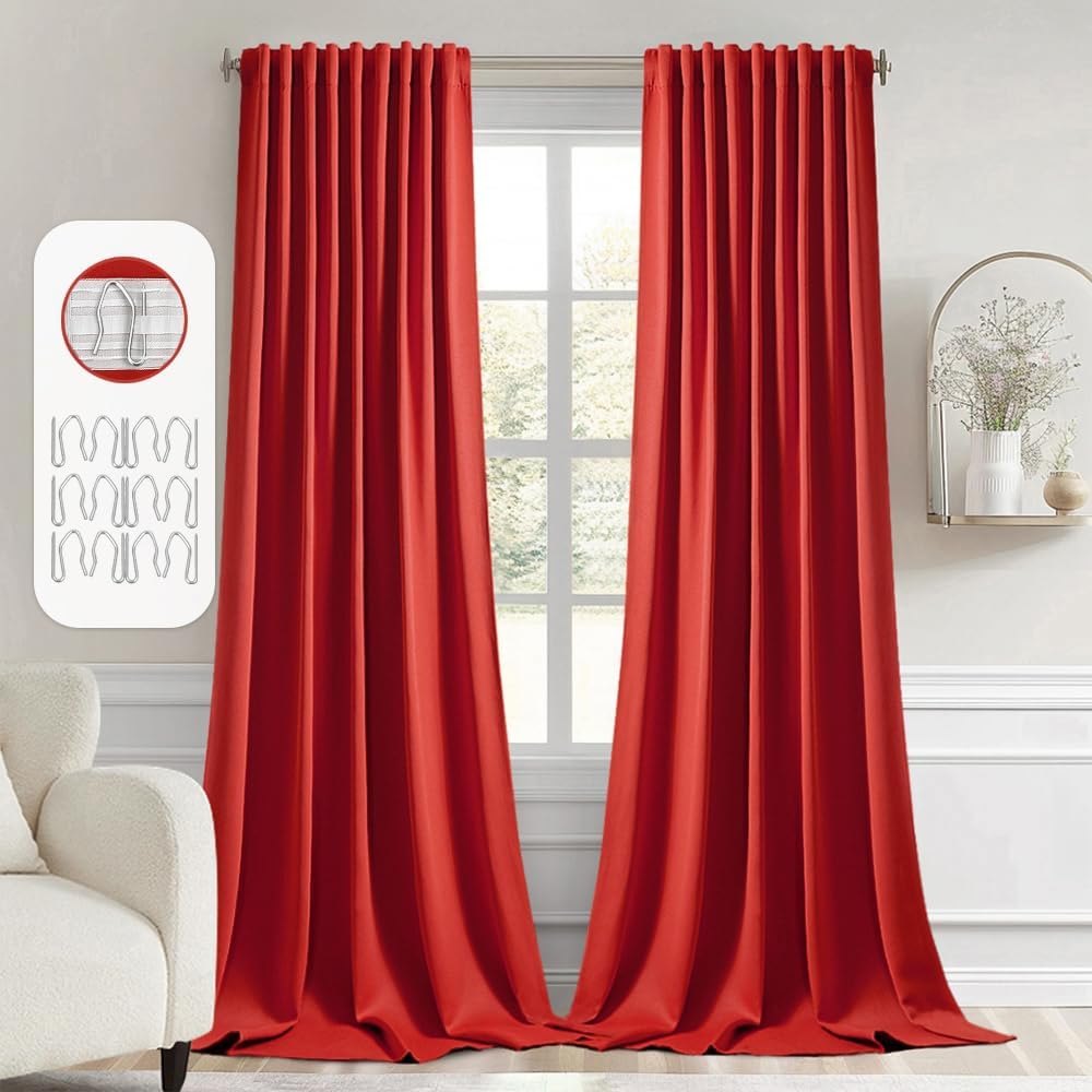 MIULEE Red Back Tab Blackout Curtain 96 Inch Long 2 Panels Set for Living Room Bedroom, Rod