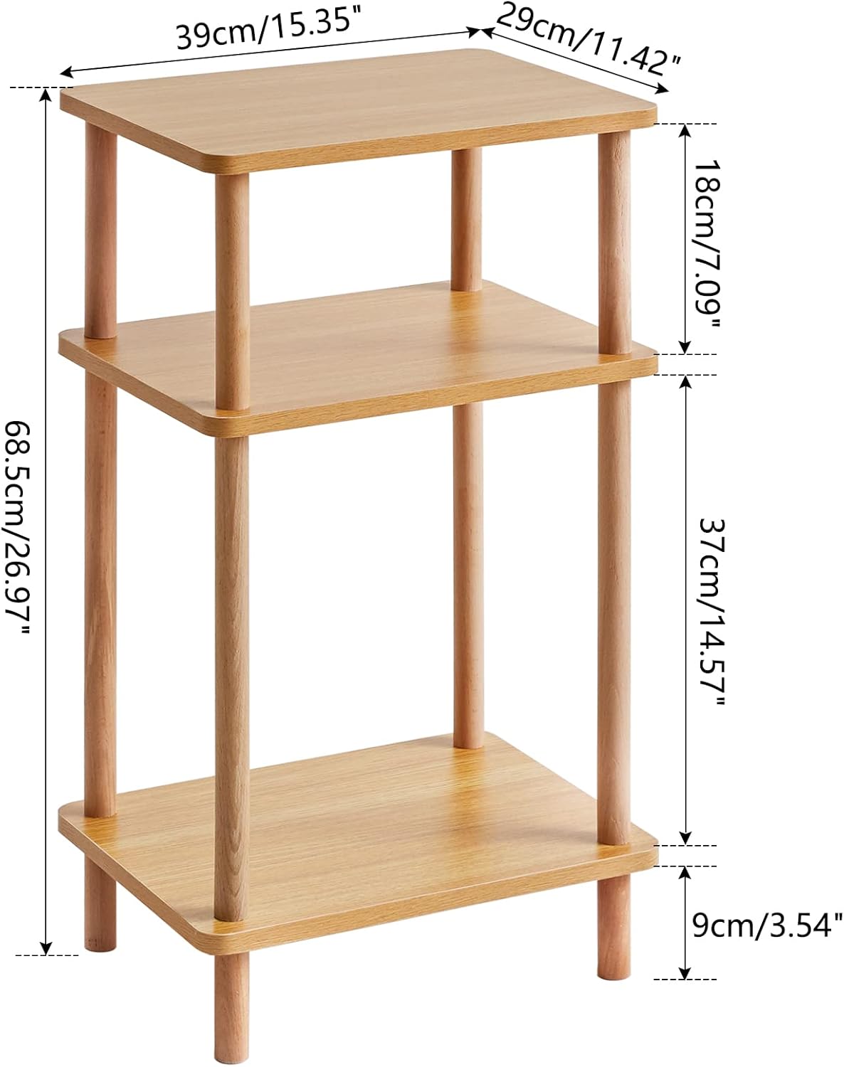 IBUYKE 3-Tier Side Table, Solid Wood Tall End Table with Storage Shelves, Nightstand Bedside Table