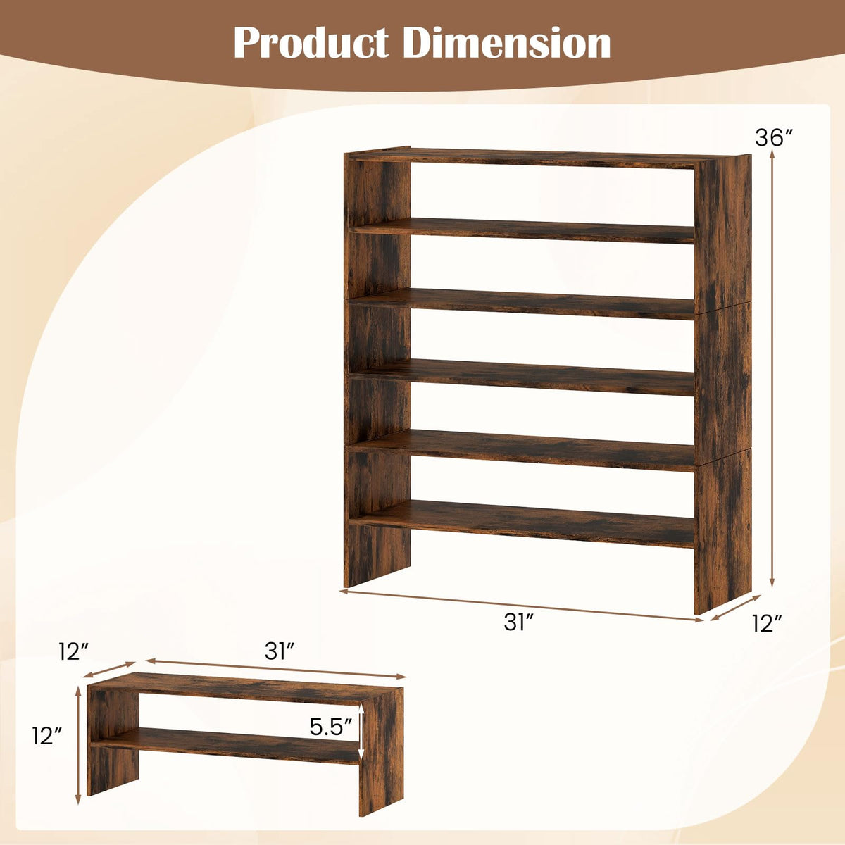 Tangkula 6-Tier Stackble Vertical Shoe Rack, Space Saving Wooden Corner Shoe Storage Shelf for 18