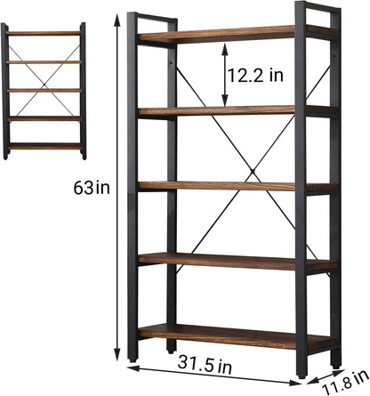 5 Tier Bookcase, Solid Wood Bookshelf Rustic Vintage Industrial Etagere Bookcase, Metal and Wood