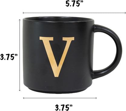 COLLECTIVE HOME - Monogram Ceramic Mugs, 15 oz Golden Initial Black Coffee Cups, Elegant Alphabet