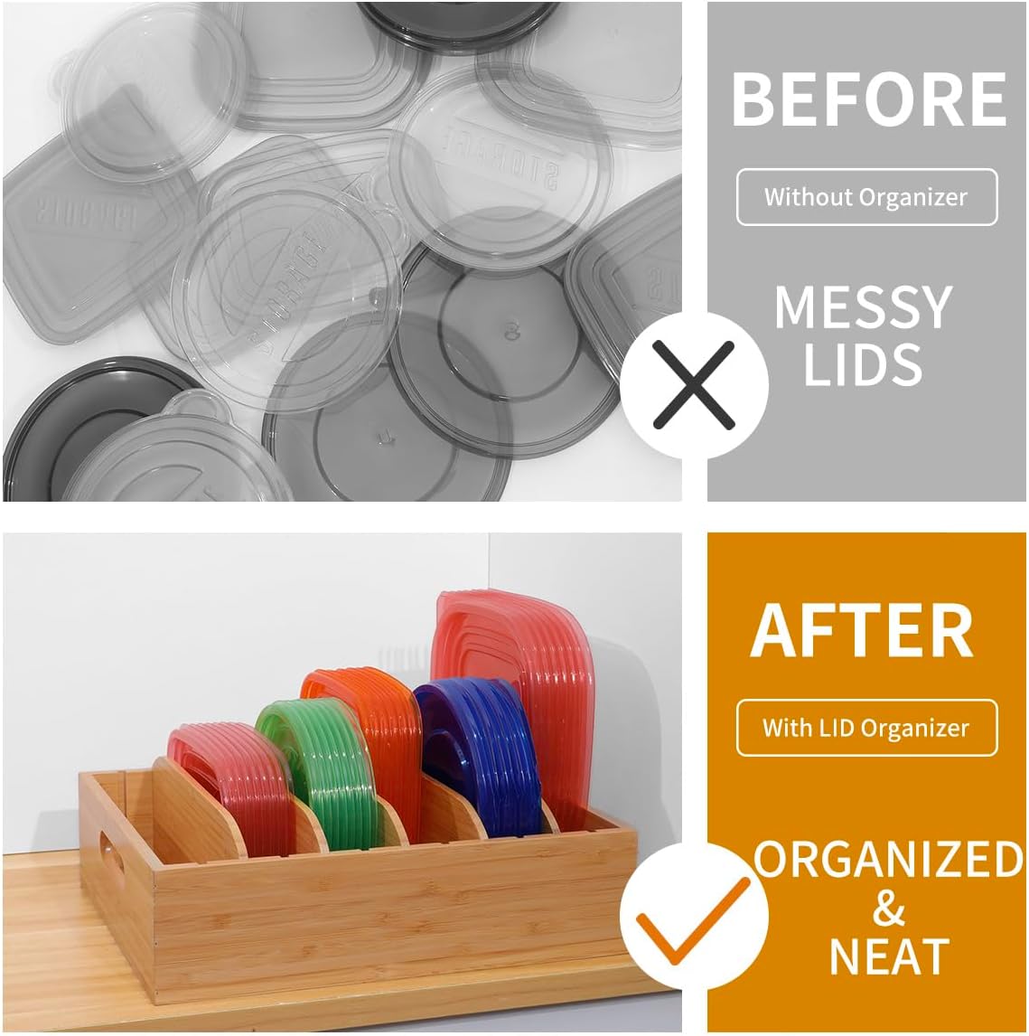 2 Pack Bamboo Lid Holder Food Container, Kitchen Organizer with 5 Adjustable Dividers, Cabinet