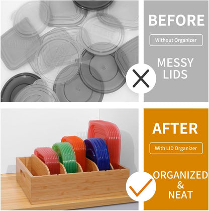 2 Pack Bamboo Lid Holder Food Container, Kitchen Organizer with 5 Adjustable Dividers, Cabinet