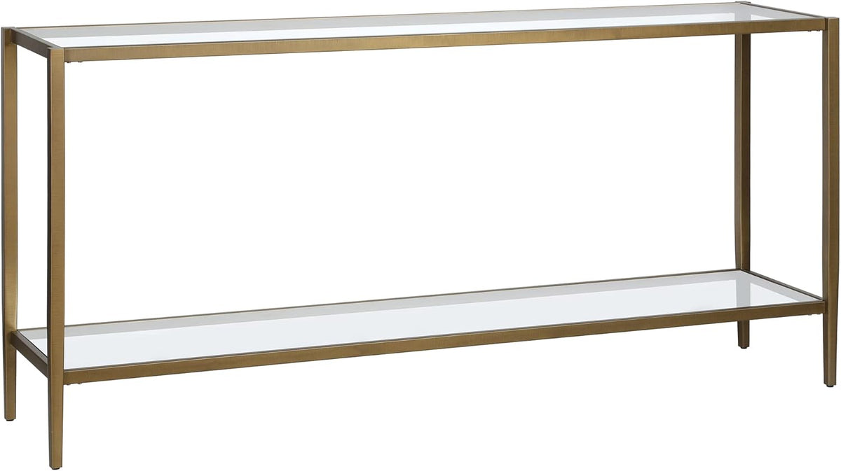 Henn&Hart 64" Wide Rectangular Console Table with Glass Shelf in Brushed Brass, Entryway Table