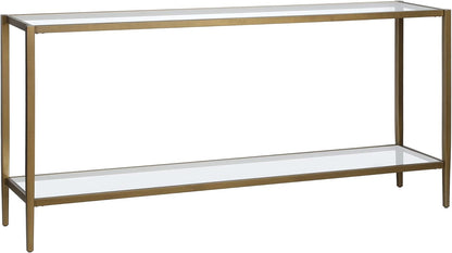 Henn&Hart 64" Wide Rectangular Console Table with Glass Shelf in Brushed Brass, Entryway Table