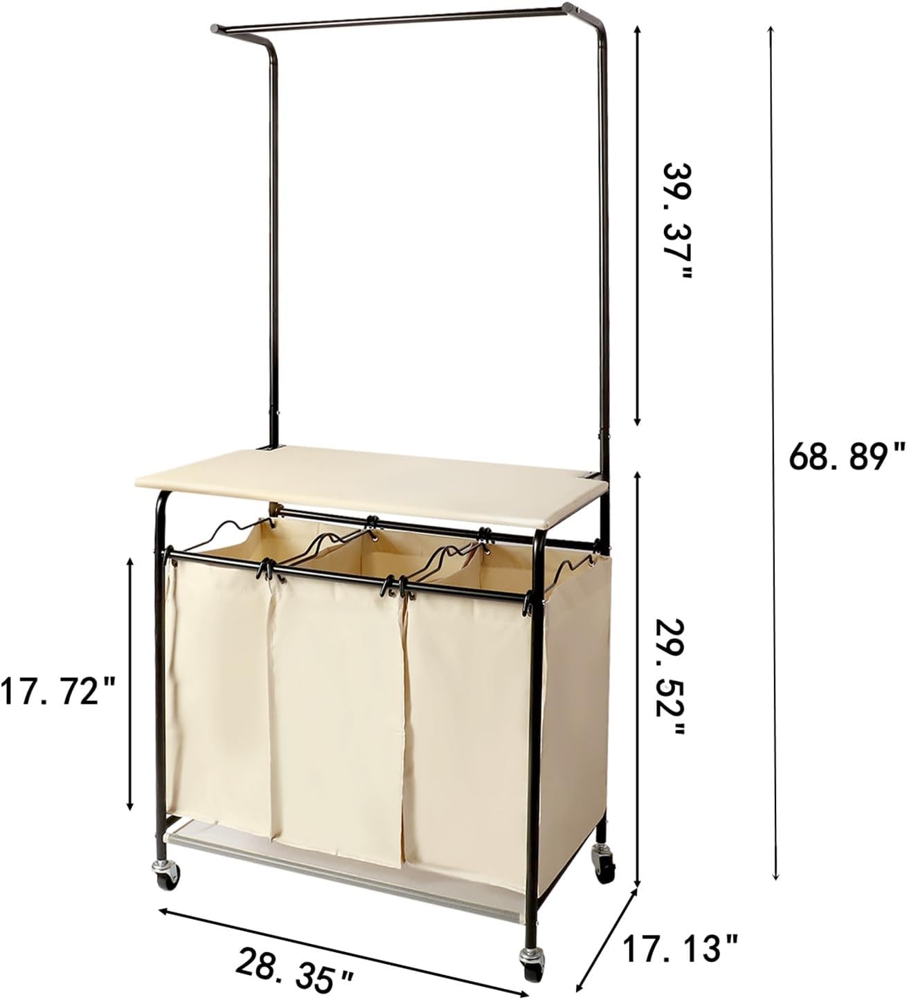 MYOYAY 3 Section Laundry Sorter with Garment Hanging Bar Rack Foldable Ironing Board, Laundry