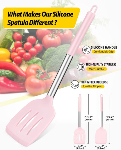 Pack of 2 Silicone Solid Turner, Non Stick Slotted Kitchen Spatulas, High Heat Resistant BPA Free