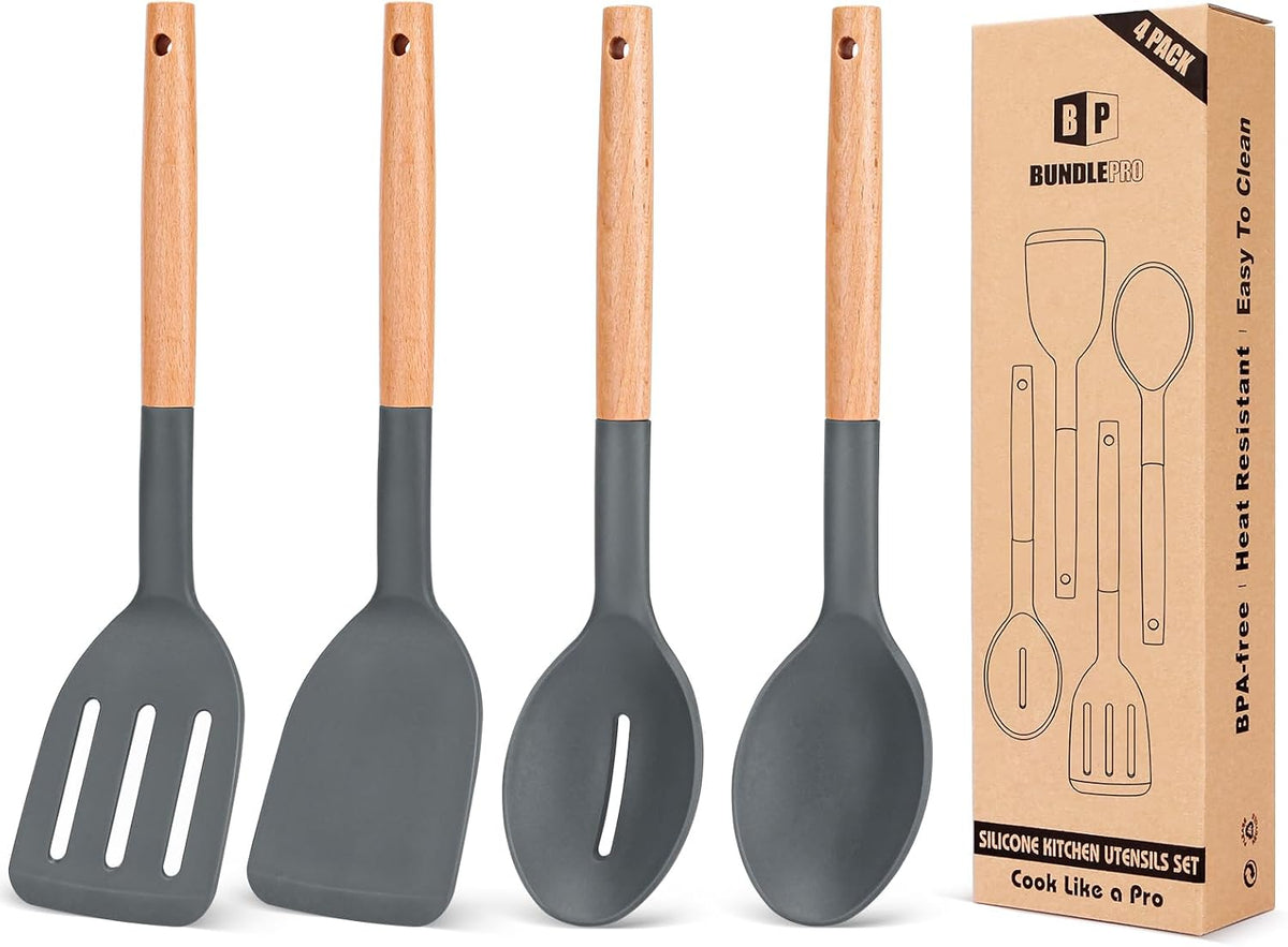 Pack of 4 Silicone Cooking Utensils Set, Non Stick Solid Spatulas and Heat Resistant Slotted Spoons
