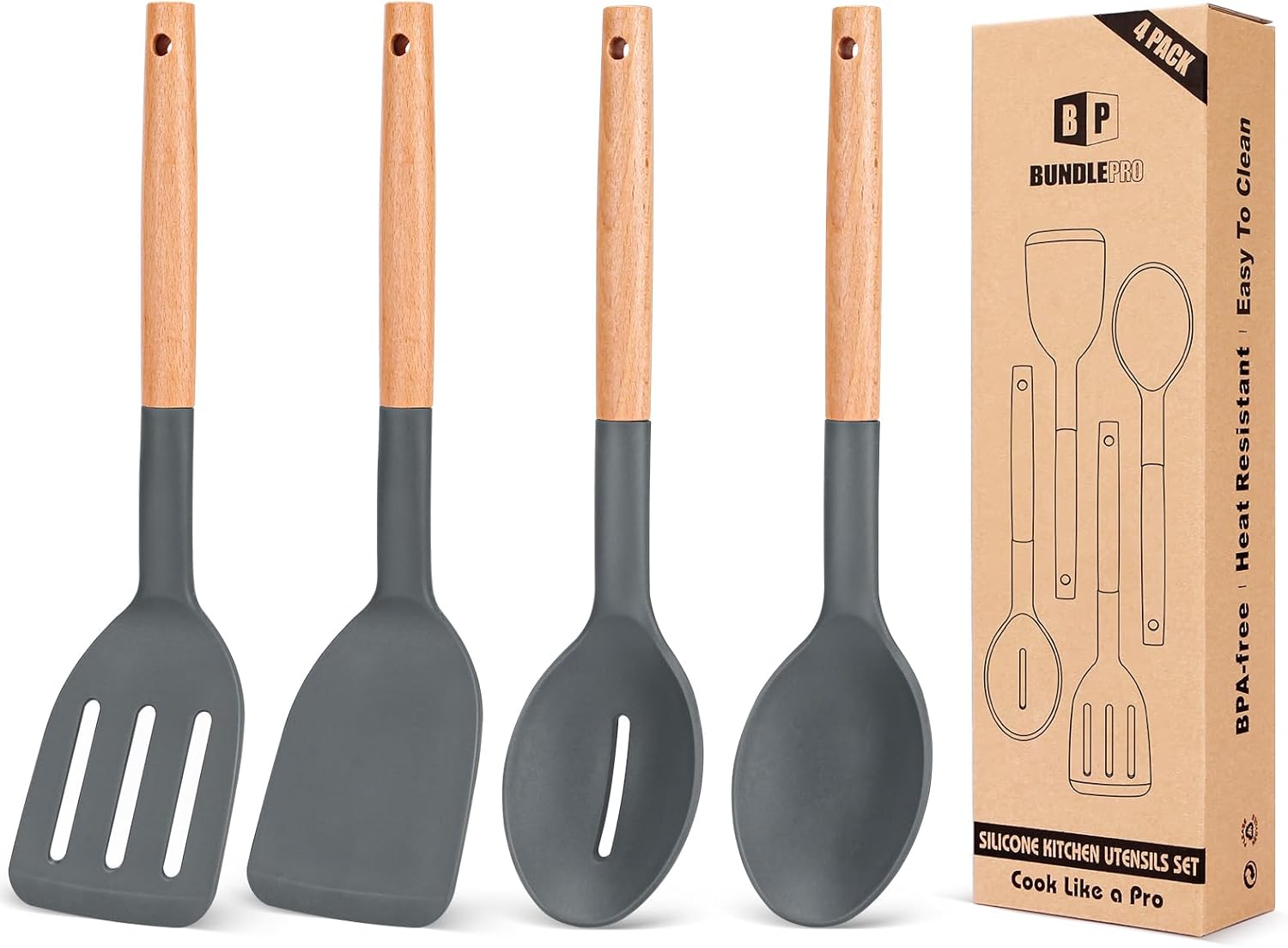 Pack of 4 Silicone Cooking Utensils Set, Non Stick Solid Spatulas and Heat Resistant Slotted Spoons