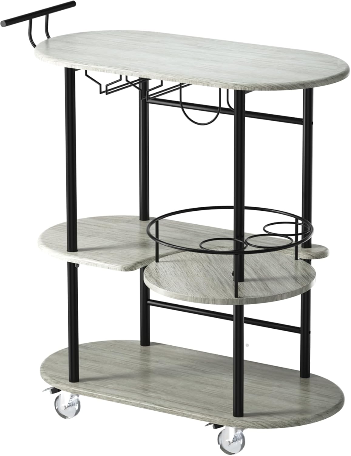 Light Gray Bar Carts with 4-Tier Storage Shelves, Mobile Bar Serving Cart with Wine Rack and Glass