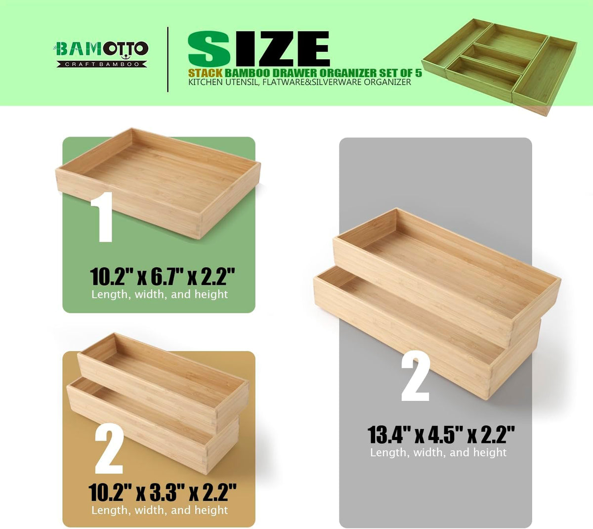 Stack Bamboo Drawer Organizer Set of 5, Kitchen Utensil, Flatware&Silverware Organizer-Wood