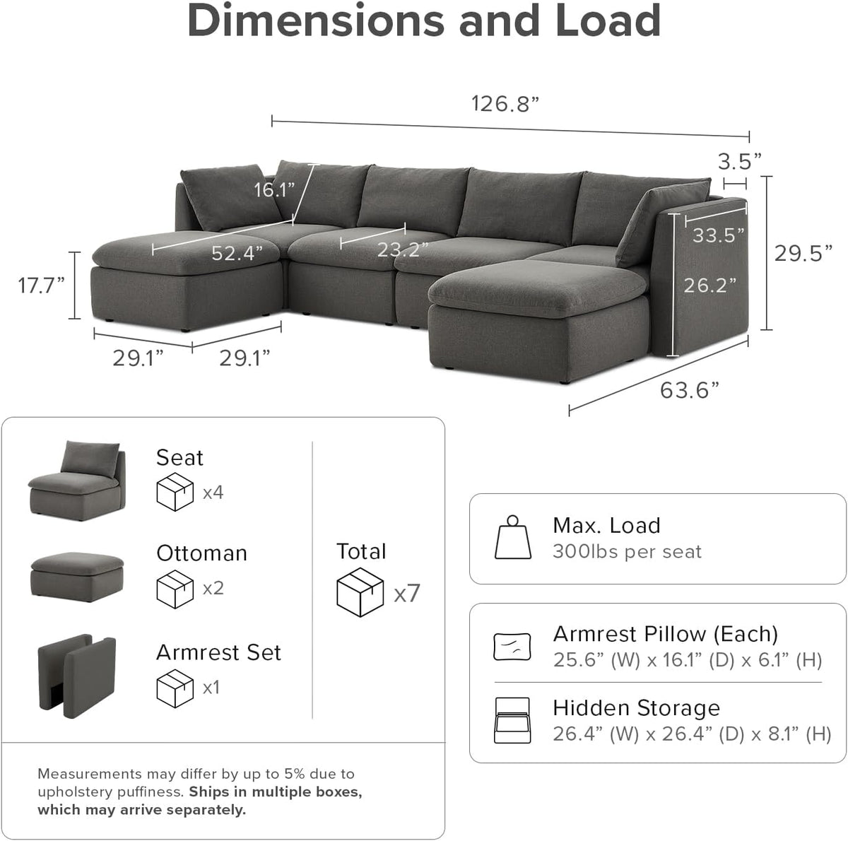 mopio Oversized Modular Sectional Sofa with Fully Removable Covers and Storage, Convertible U