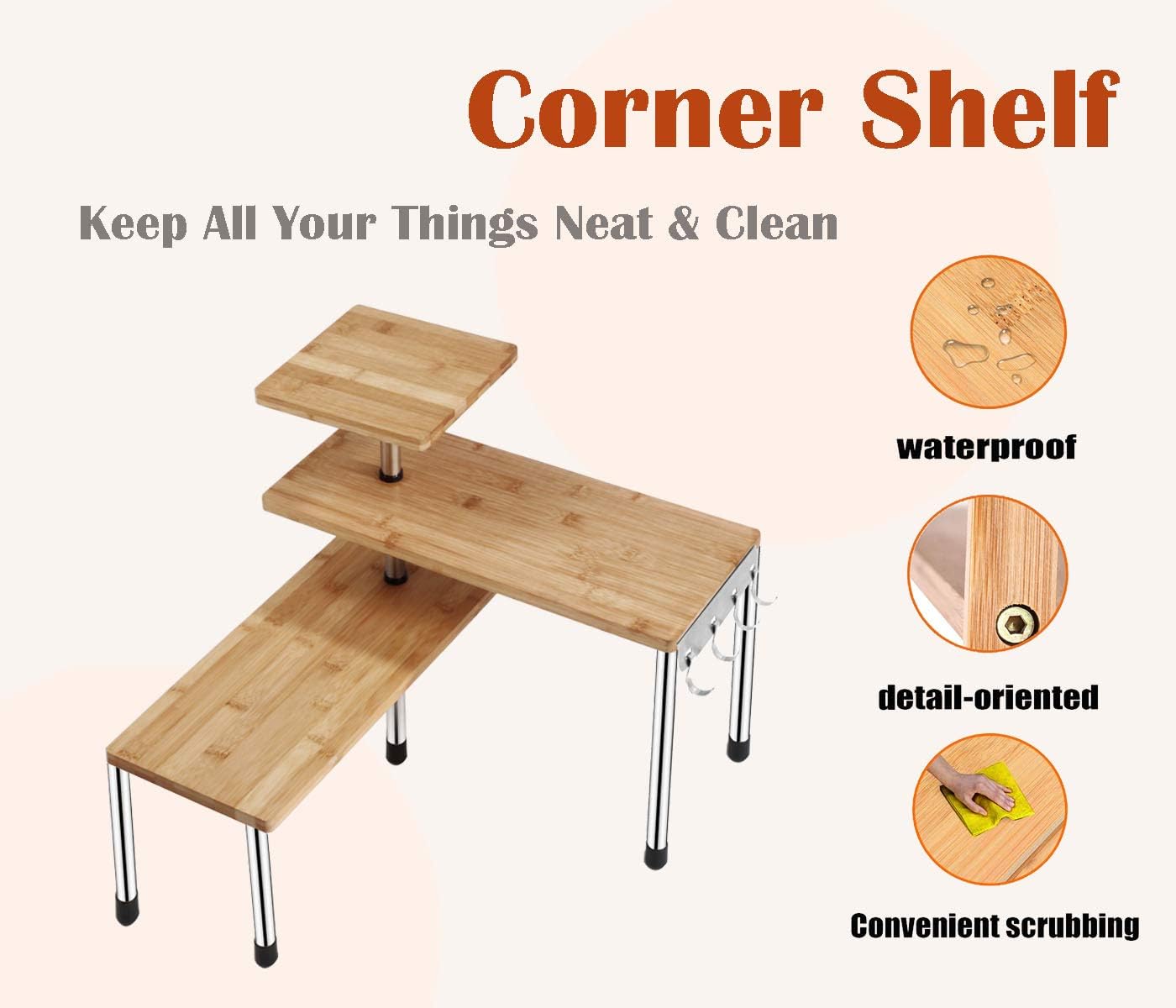 HYNAWIN Corner Shelf Bamboo & Metal Storage Spice Rack, 3 Tier Desk Bookshelf Display Shelves Space