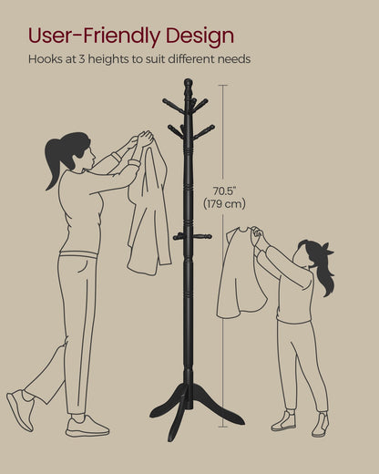 VASAGLE Solid Wood Coat Rack and Stand, Free Standing Hall Coat Tree with 10 Hooks for Hats, Bags