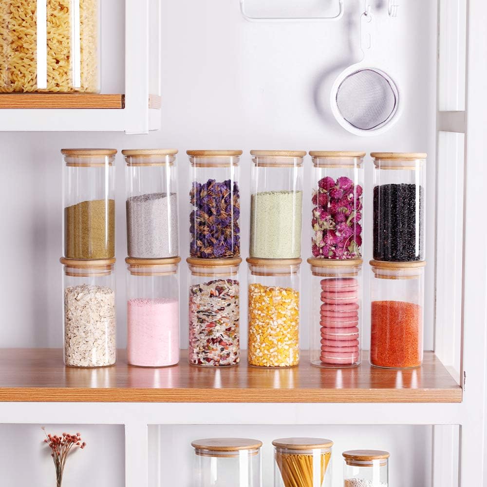 12 Pcs Glass Spice Jars - 8.5oz Empty Small Glass Bottles with Bamboo Airtight Lids and Labels