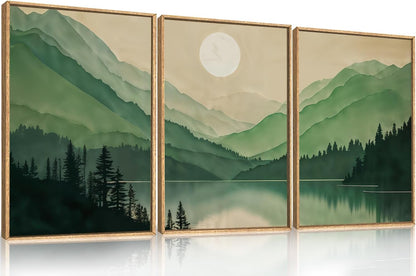 Celestdeco Watercolor Mountains Framed Canvas Wall Art Set, Boho Sun Forests Wall Decor, Green