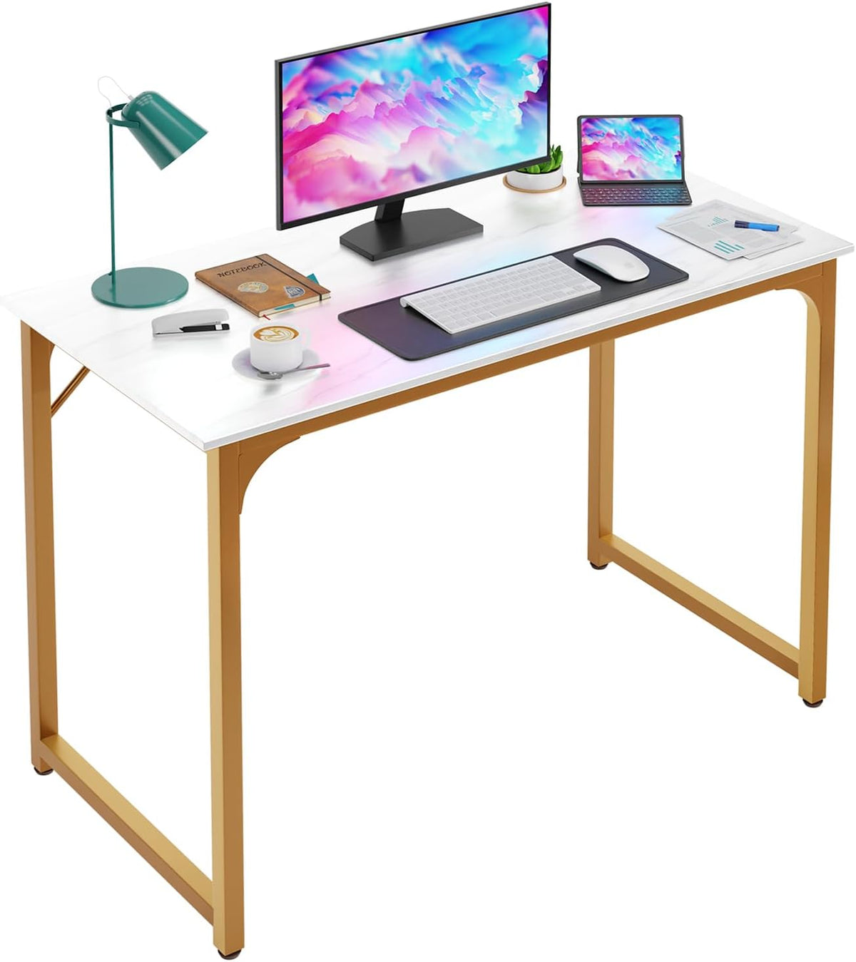 PayLessHere | 39 Inch Computer Desk | White Gold | Office Desk with Metal Frame, Adjustable Feet |