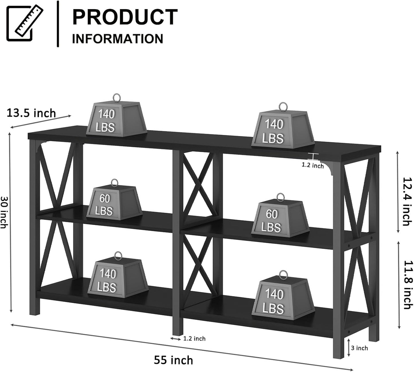 LVB Black Console Table, Modern Entryway Table with 3 Tier Storage Shelves, Industrial Sofa Table