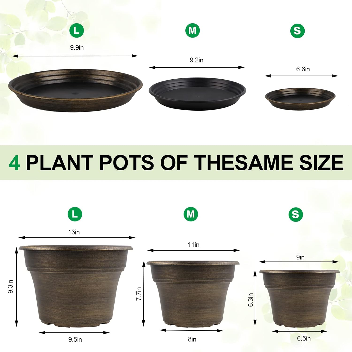 Plant Planters Pots Set of 4 Pack 13 Inch，Large Plastic Flower Pot for Indoor Plants with Drainage