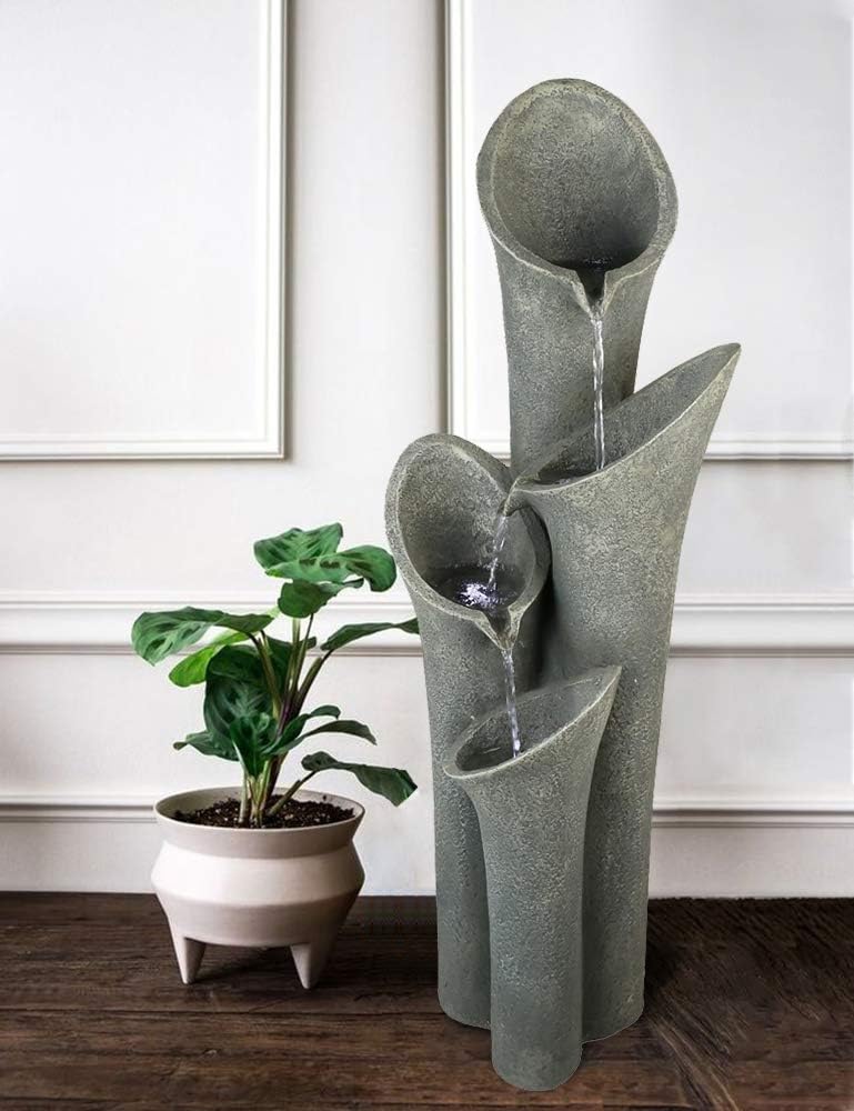 Faux Stone Patio Water Fountain 33 1/2", Bell 4-Tier Cascading Floor Fountain Indoor Outdoor