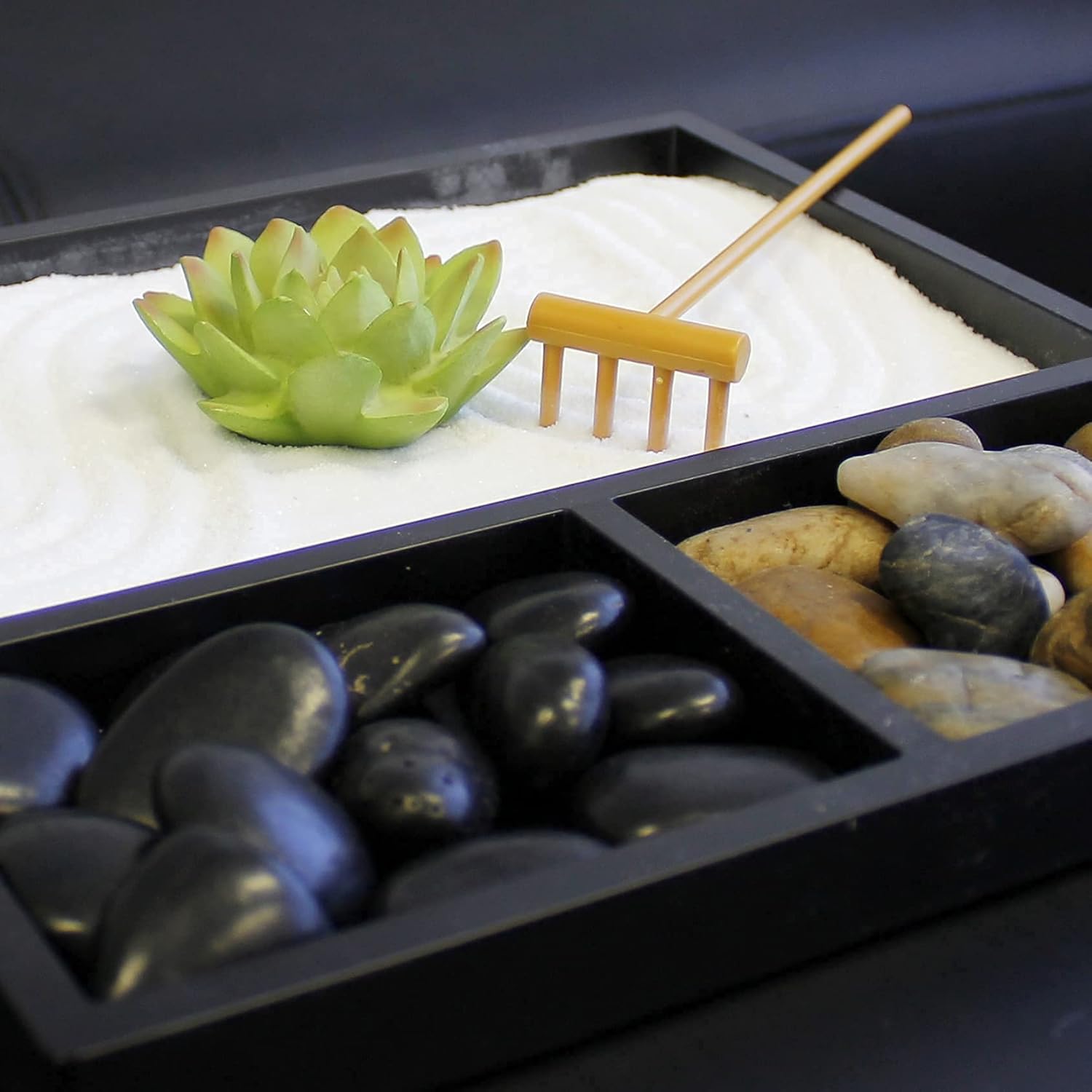Nature's Mark Mini Zen Garden Kit for Desk with Rake, White Sand, Lotus Figure, 3 Sections Black