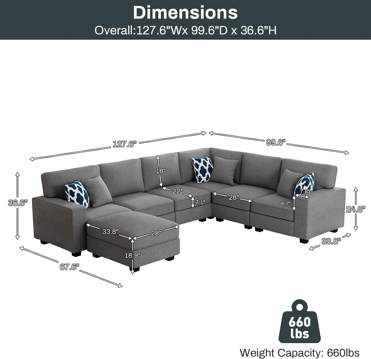 L Lengend Vansen Modular Sectional Sofa U Shaped Couch with Ottoman Modern Reversible Corner