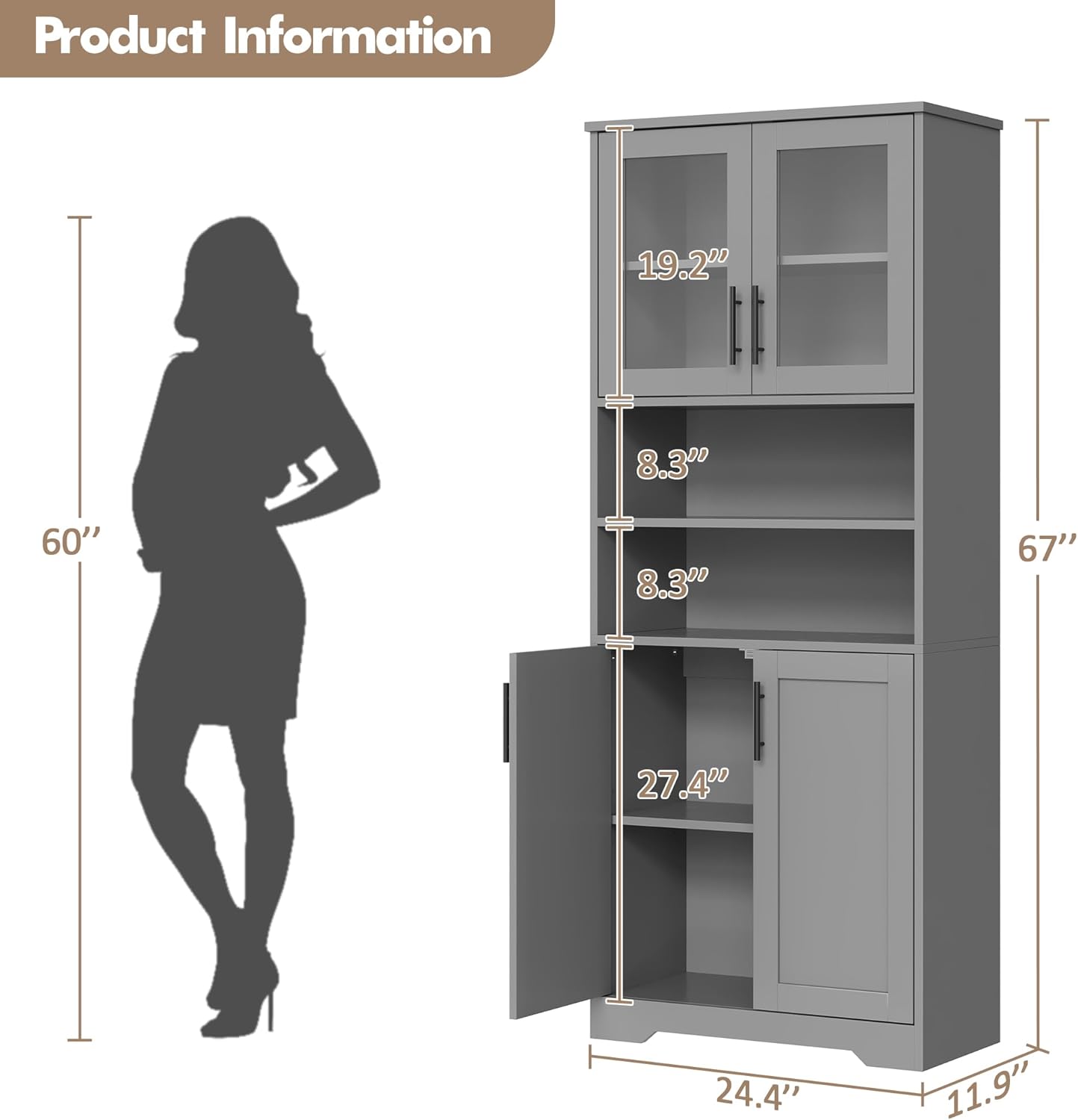 GarveeHome 67" Tall Storage Cabinet, Tall Bathroom Cabinet with Glass Doors and Adjustable Shelves
