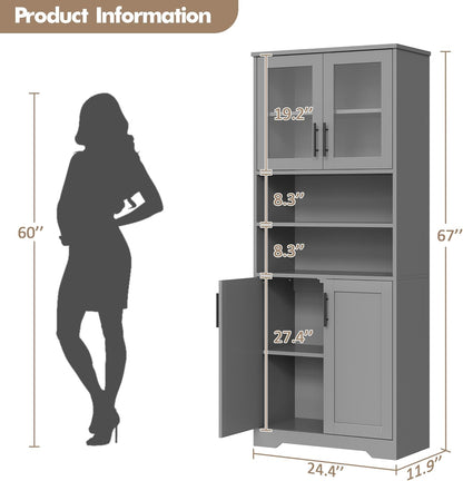 GarveeHome 67" Tall Storage Cabinet, Tall Bathroom Cabinet with Glass Doors and Adjustable Shelves