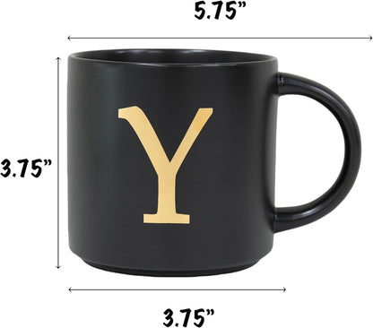 COLLECTIVE HOME - Monogram Ceramic Mugs, 15 oz Golden Initial Black Coffee Cups, Elegant Alphabet