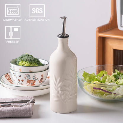 Sweejar Ceramic Olive Oil Dispenser Bottle, 20 Oz Relief Opaque Oil Cruet Protects Oil To Reduce