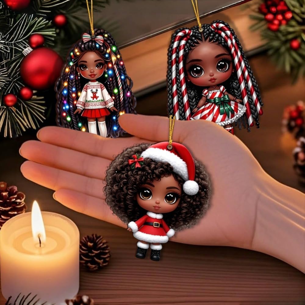 16pcs African American Black Chibi Girl Ornaments - Xmas/Christmas Wooden Decor, Gift Boxed for New