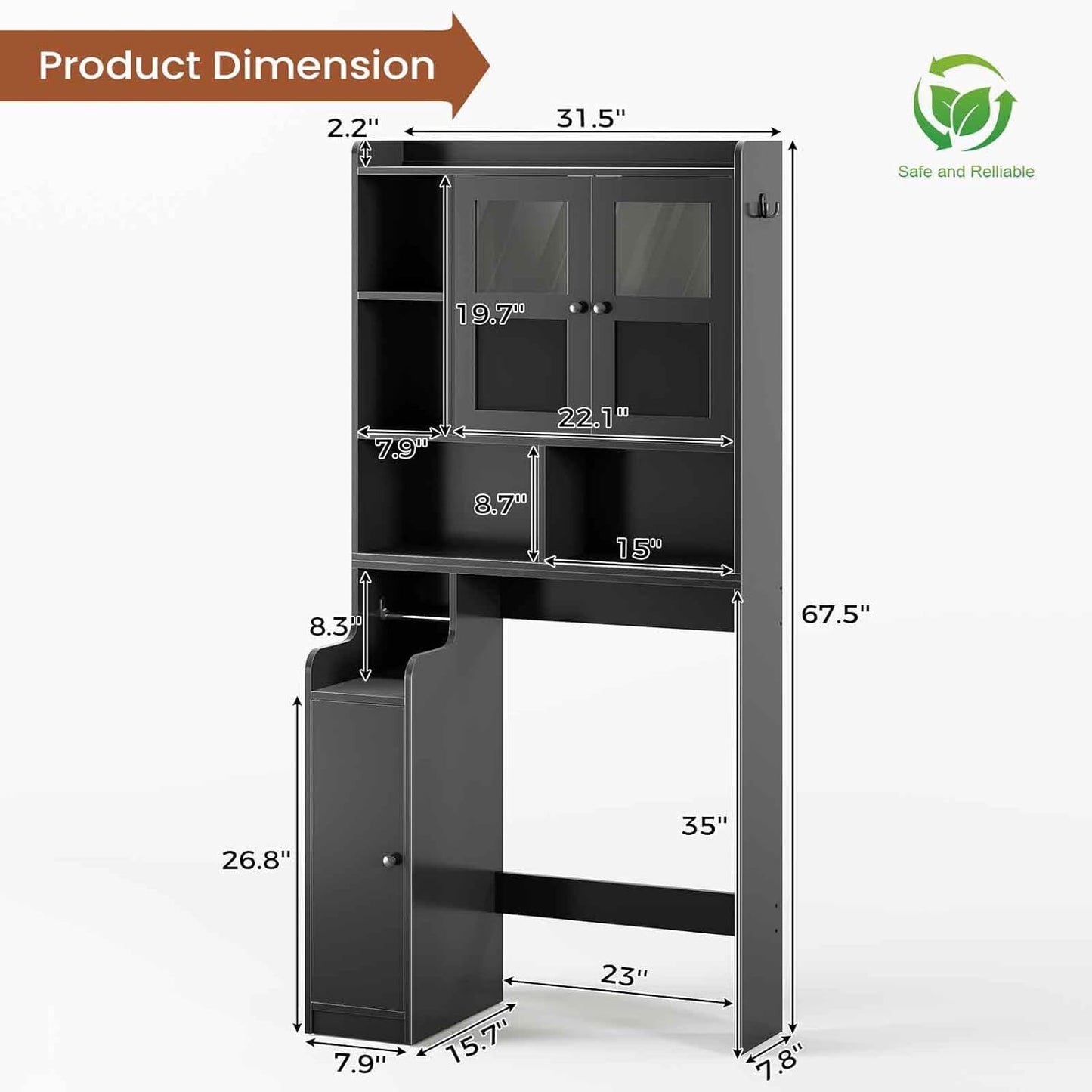 Itaar Over The Toilet Storage Cabinet, Over Toilet Bathroom Organizer with Glass Doors & Toilet