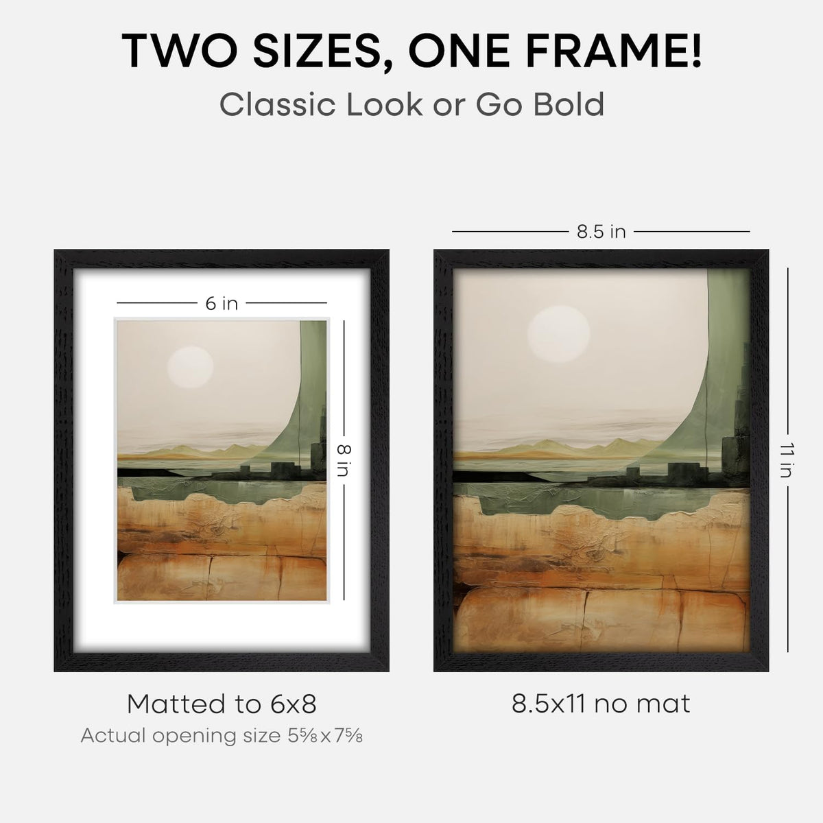 Homeforia 8.5x11 Picture Frame Black Wood, High End Oak 8.5 x 11 Frames with Mat 6 by 8 Print