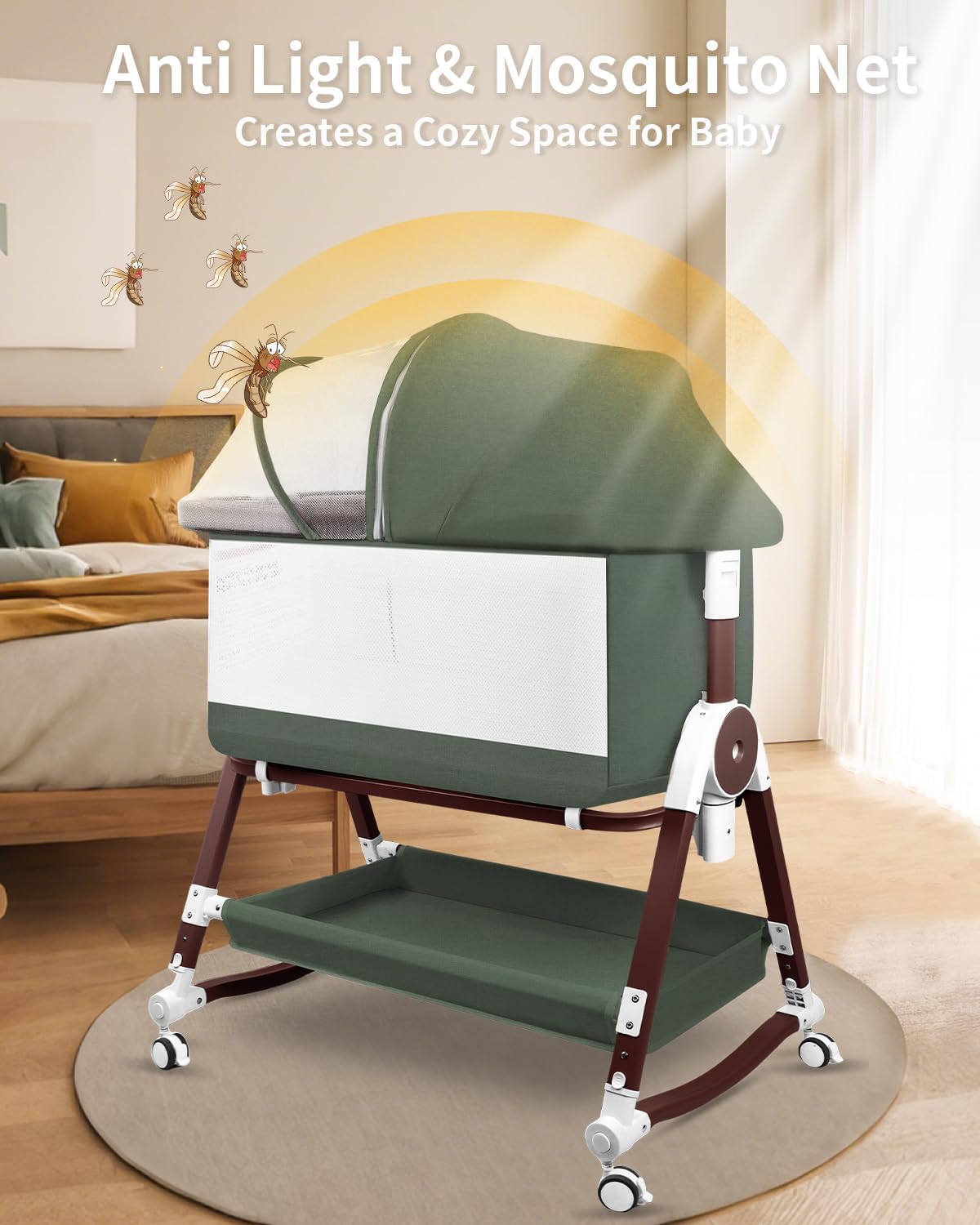 4 in 1 Baby Bassinet, Bassinets Bedside Sleeper with Wheels and Storage Basket, Adjustable 7