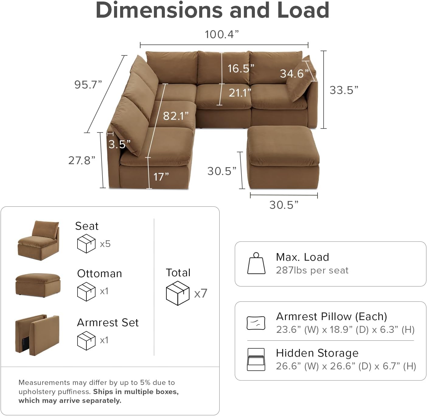 mopio Oversized Modular Sectional Sofa with Fully Removable Covers and Storage, Convertible U & L