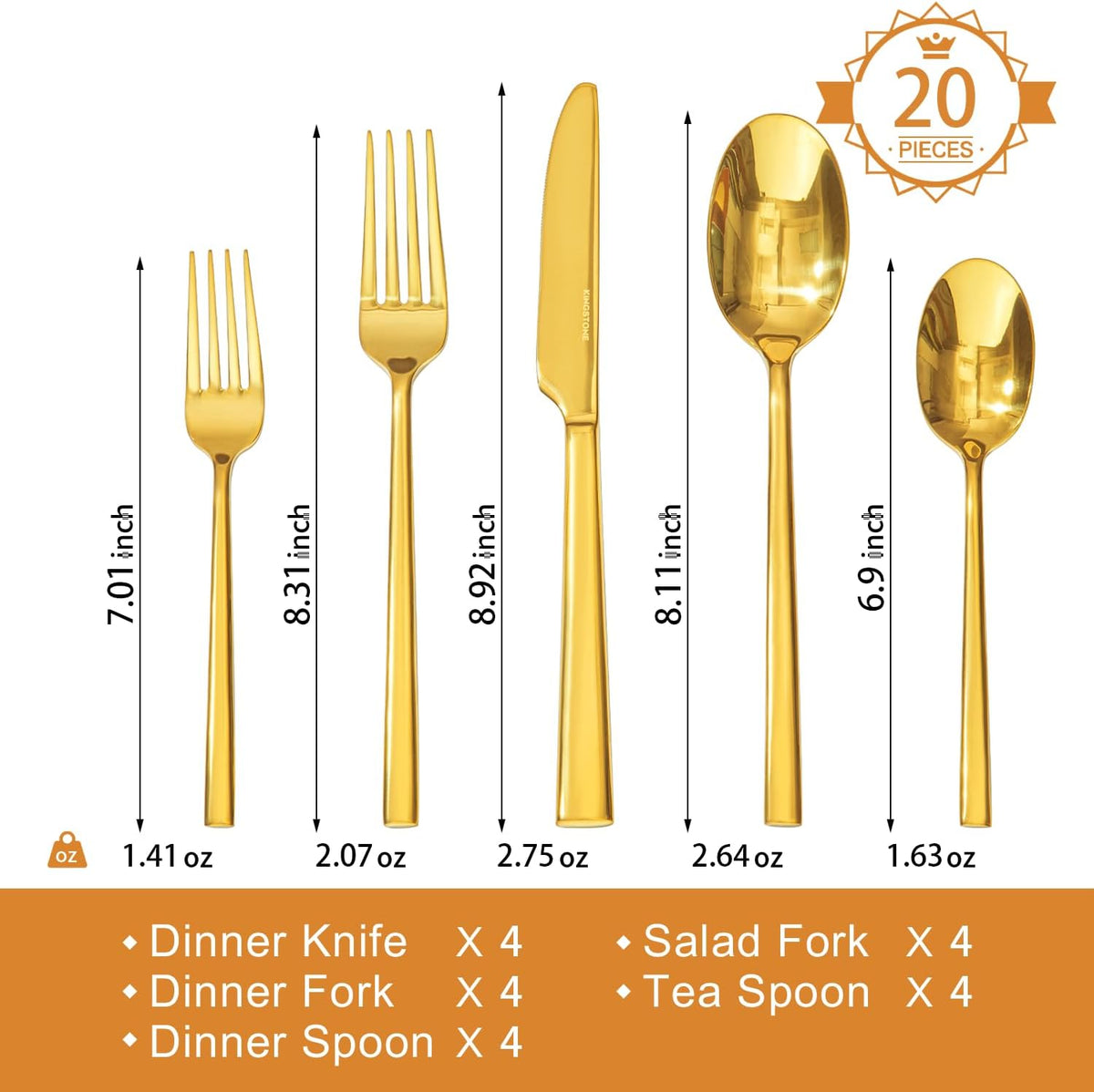 KINGSTONE Gold Silverware Set, 20-Piece Forged Flatware Set Cutlery Set Premium Stainless Steel