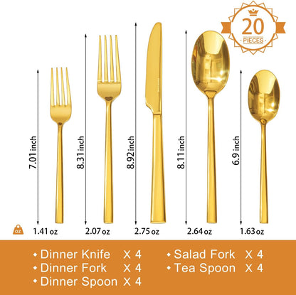 KINGSTONE Gold Silverware Set, 20-Piece Forged Flatware Set Cutlery Set Premium Stainless Steel