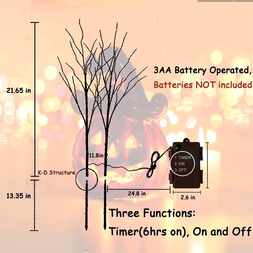 LITBLOOM Halloween Tree Branch Lights 32IN 100 Orange LED with Timer, Lighted Black Twig Branches