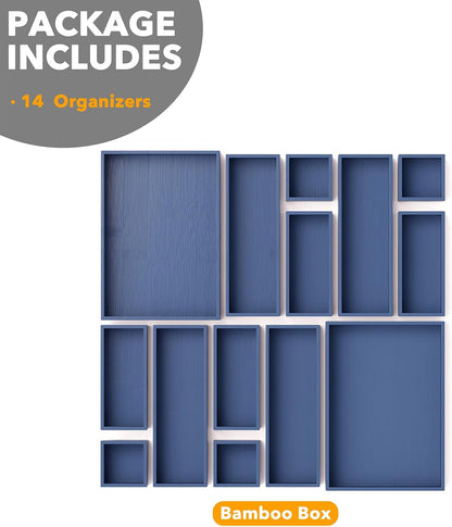 SpaceAid 14-Piece Bamboo Drawer Organizer Storage Boxes Set, Wood Tray Junk Drawer Organizers