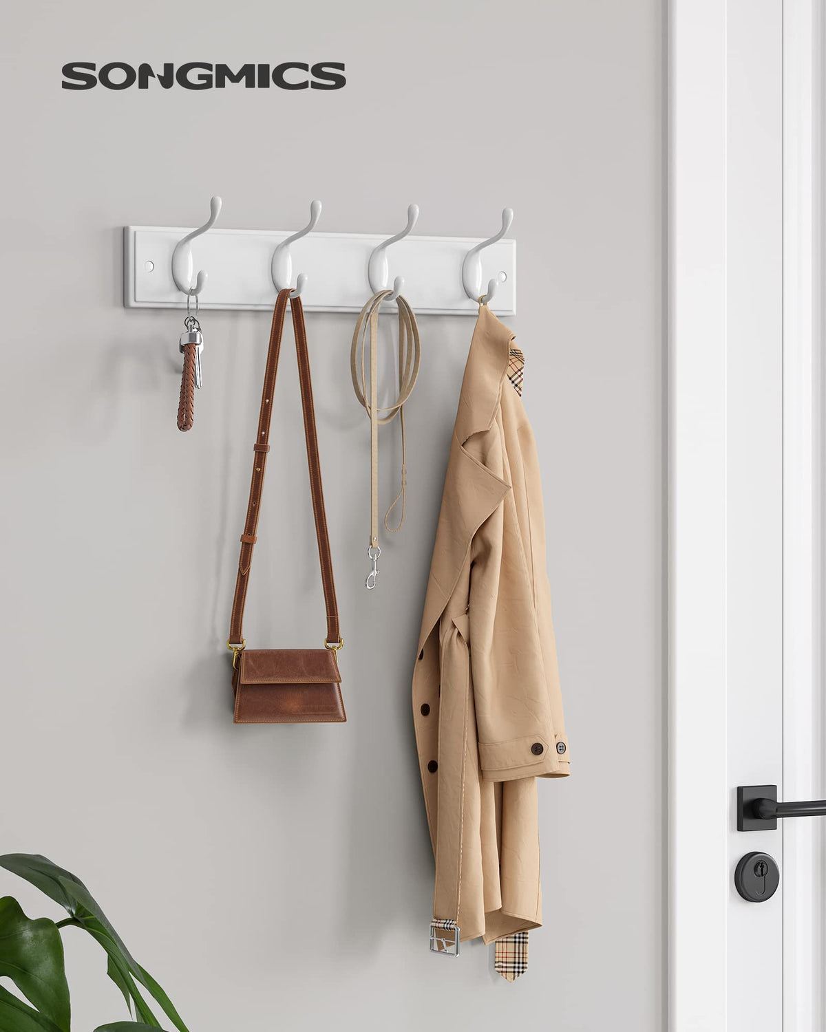 SONGMICS Wall-Mounted Coat Rack, Hook Rack, 4 Dual Metal Hooks, White