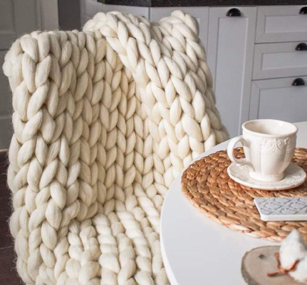 Chunky Knit Blanket Hand Made Merino Wool Throw Boho Bedroom Sofa Home Decor Giant Yarn(Ivory White