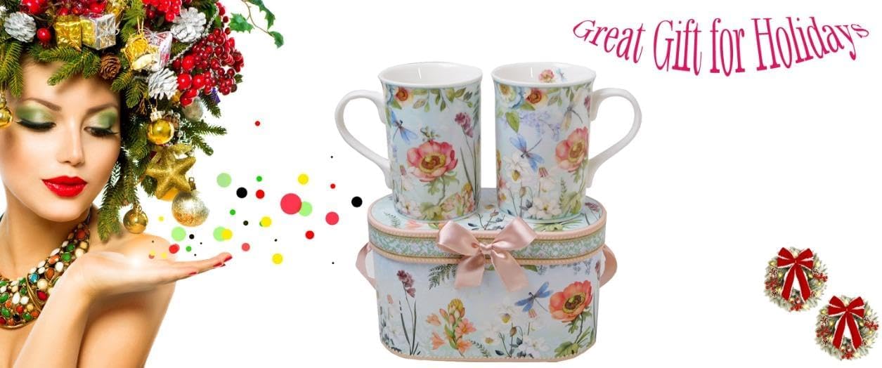 Lightahead Elegant Bone China Two Coffee Mugs Set in Floral Design 10.8 oz Each Cup in Attractive