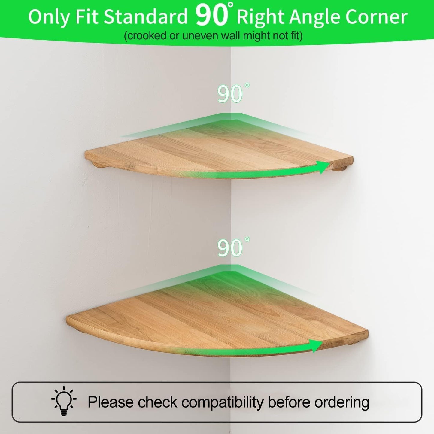 Corner Shelf, Solid Oak Wood Floating Corner Shelves Wall Mount Round End with Wire Hole for Small