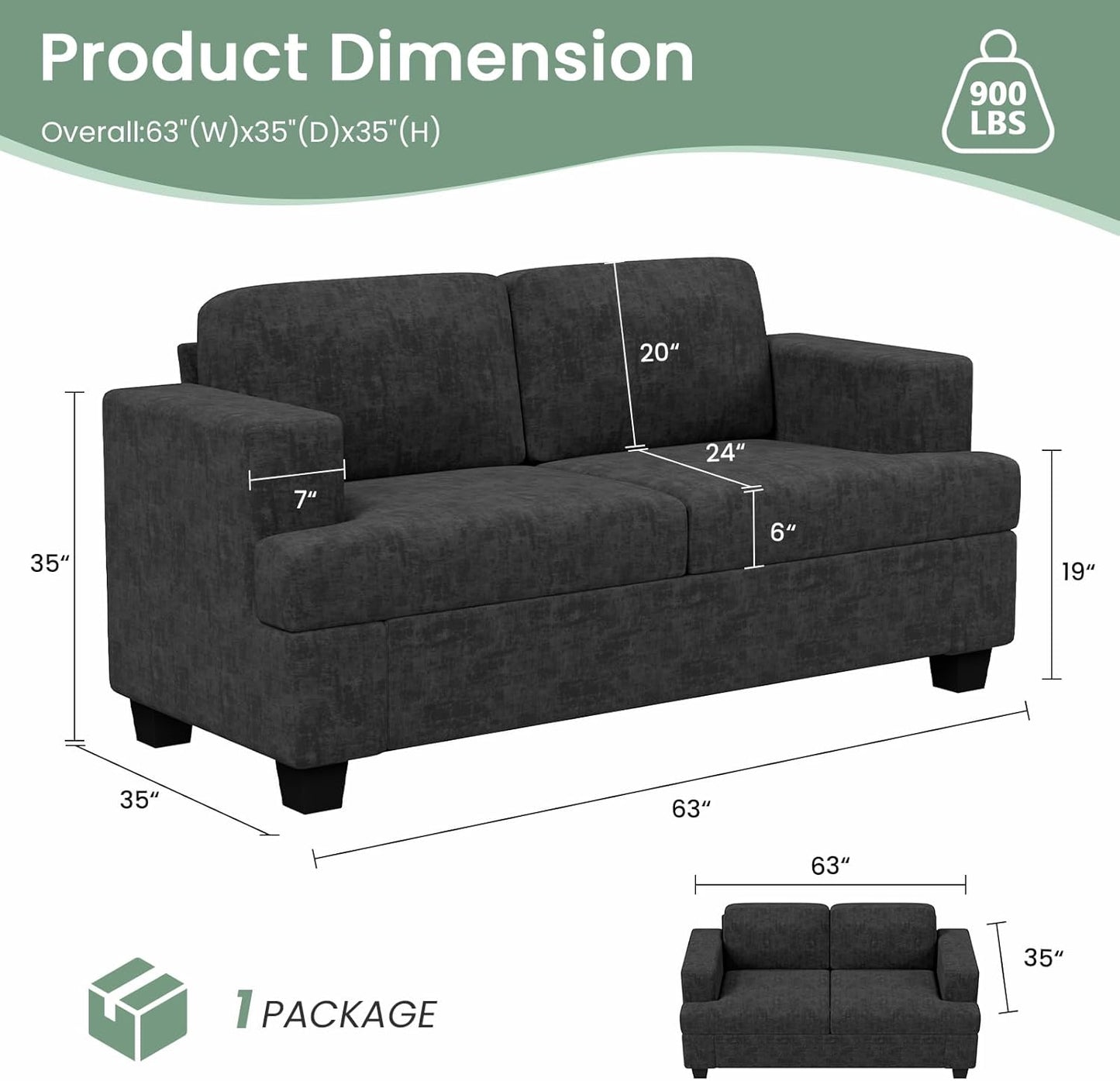 Sofa, 63” Comfy Loveseat Sofa with Deep Seats, Couch for Living Room, Modern Sleeper Couch, Dark