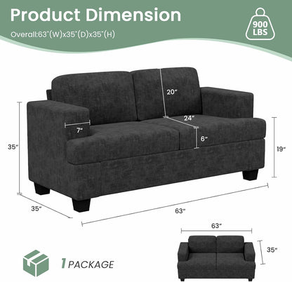 Sofa, 63” Comfy Loveseat Sofa with Deep Seats, Couch for Living Room, Modern Sleeper Couch, Dark
