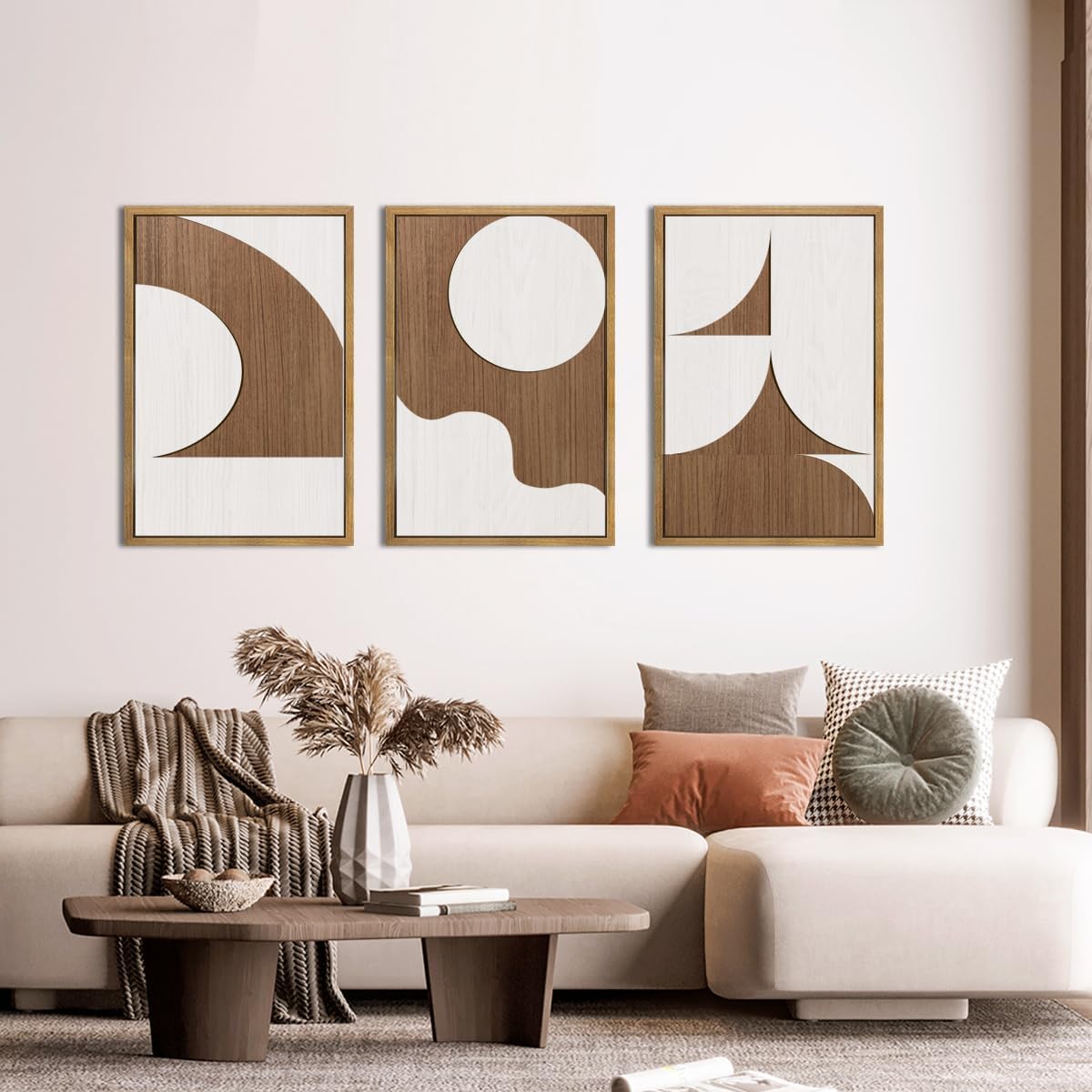 Large Abstract Brown and Beige Wall Art Set Modern Geometric Wood Grain Wall Decor Minimalist